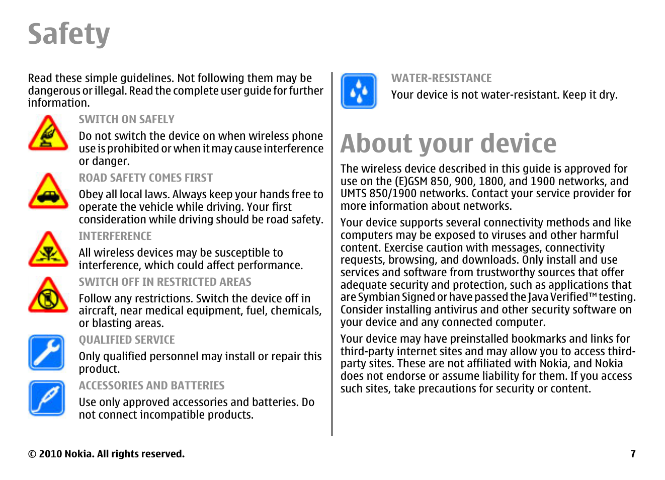 Safety, About your device | Nokia E63 User Manual | Page 7 / 143