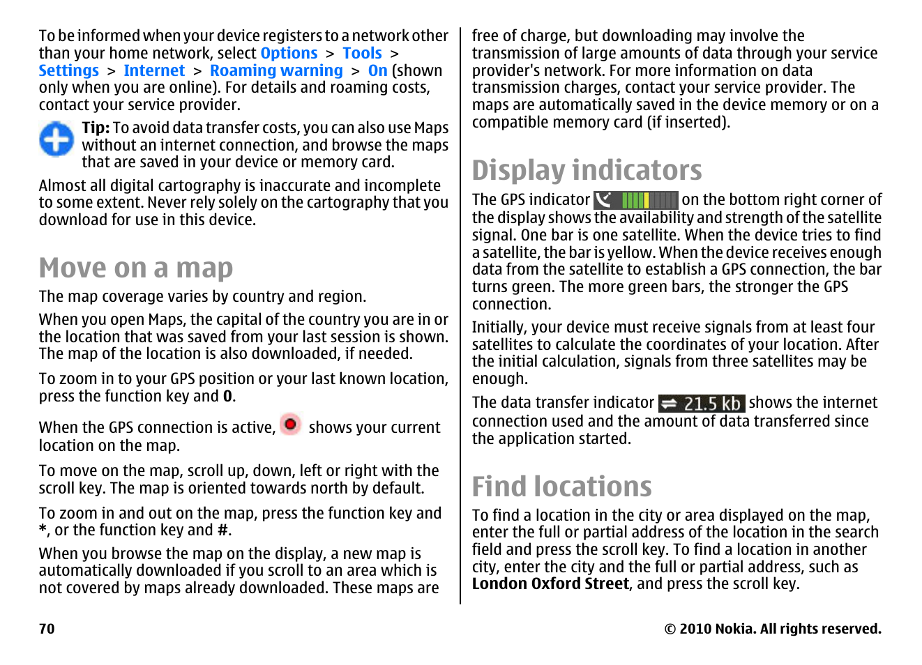 Move on a map, Display indicators, Find locations | Nokia E63 User Manual | Page 70 / 143