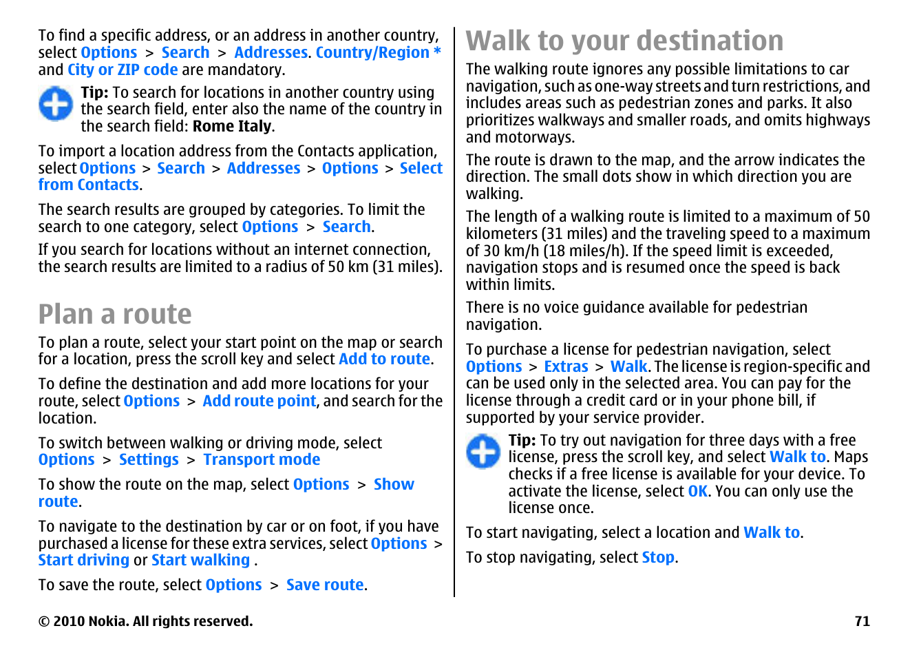 Plan a route, Walk to your destination | Nokia E63 User Manual | Page 71 / 143