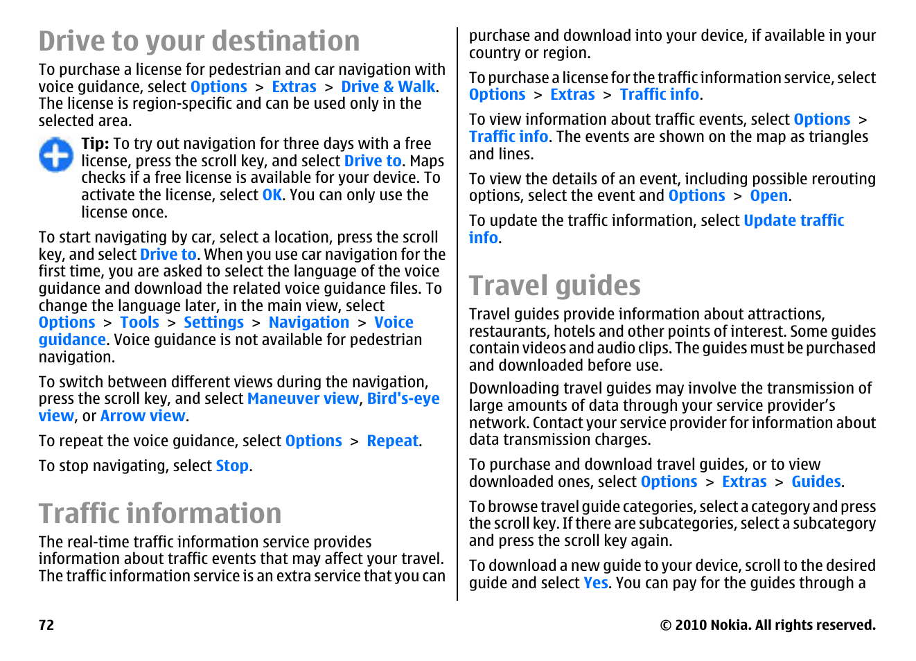 Drive to your destination, Traffic information, Travel guides | Nokia E63 User Manual | Page 72 / 143