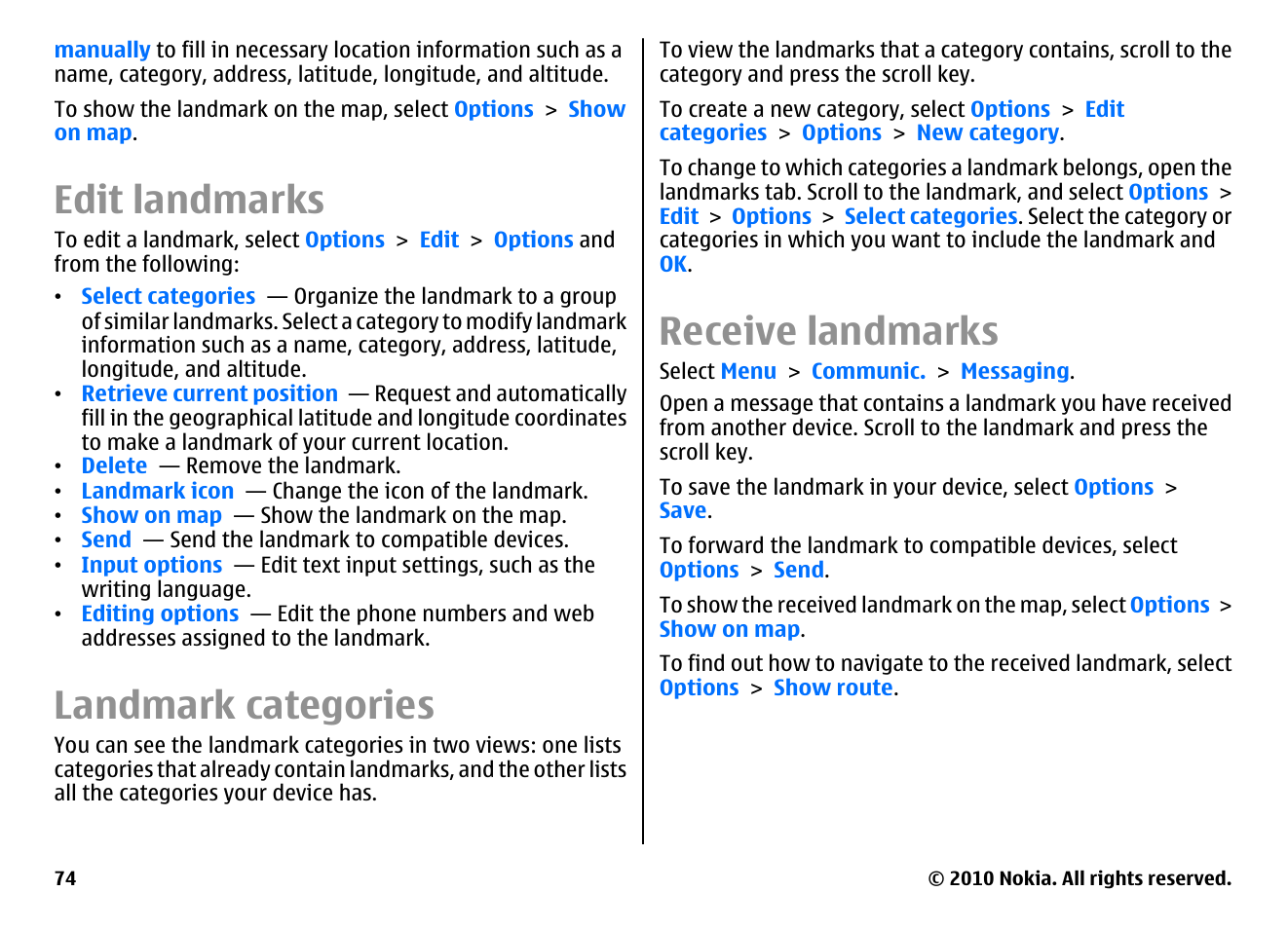 Edit landmarks, Landmark categories, Receive landmarks | Nokia E63 User Manual | Page 74 / 143