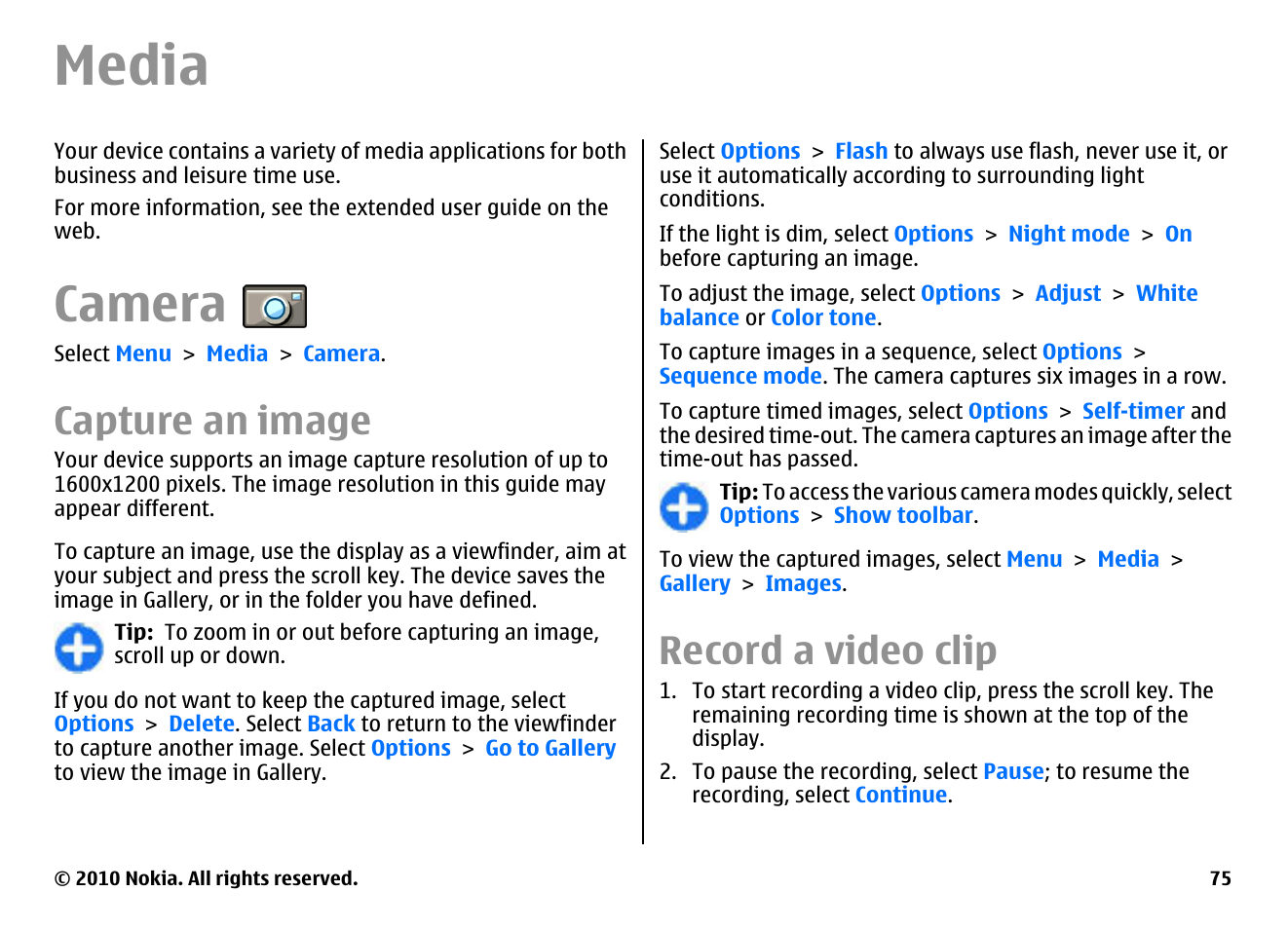 Media, Camera, Capture an image | Record a video clip | Nokia E63 User Manual | Page 75 / 143