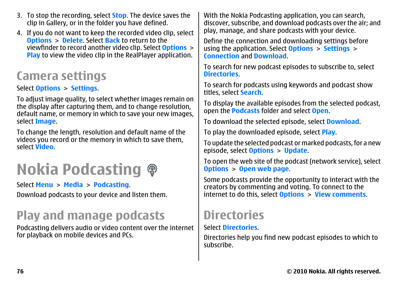 Camera settings, Nokia podcasting, Play and manage podcasts | Directories | Nokia E63 User Manual | Page 76 / 143