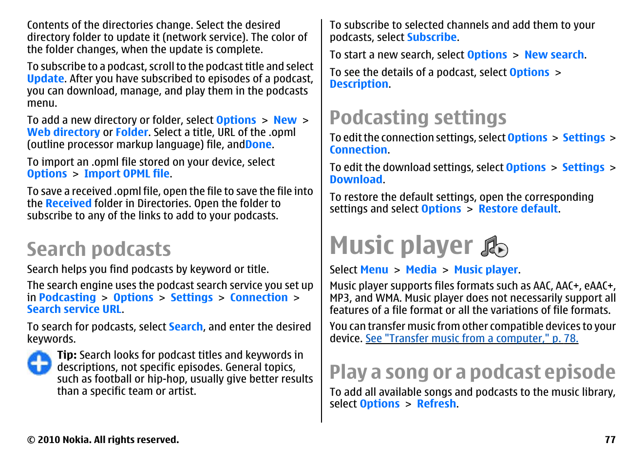 Search podcasts, Podcasting settings, Music player | Play a song or a podcast episode | Nokia E63 User Manual | Page 77 / 143