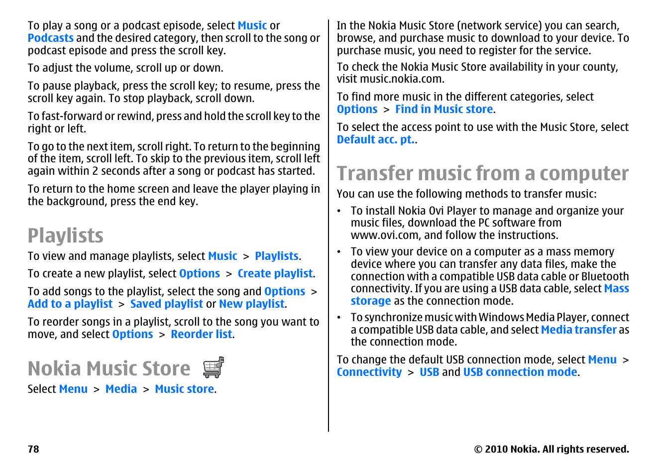 Playlists, Nokia music store, Transfer music from a computer | Nokia E63 User Manual | Page 78 / 143