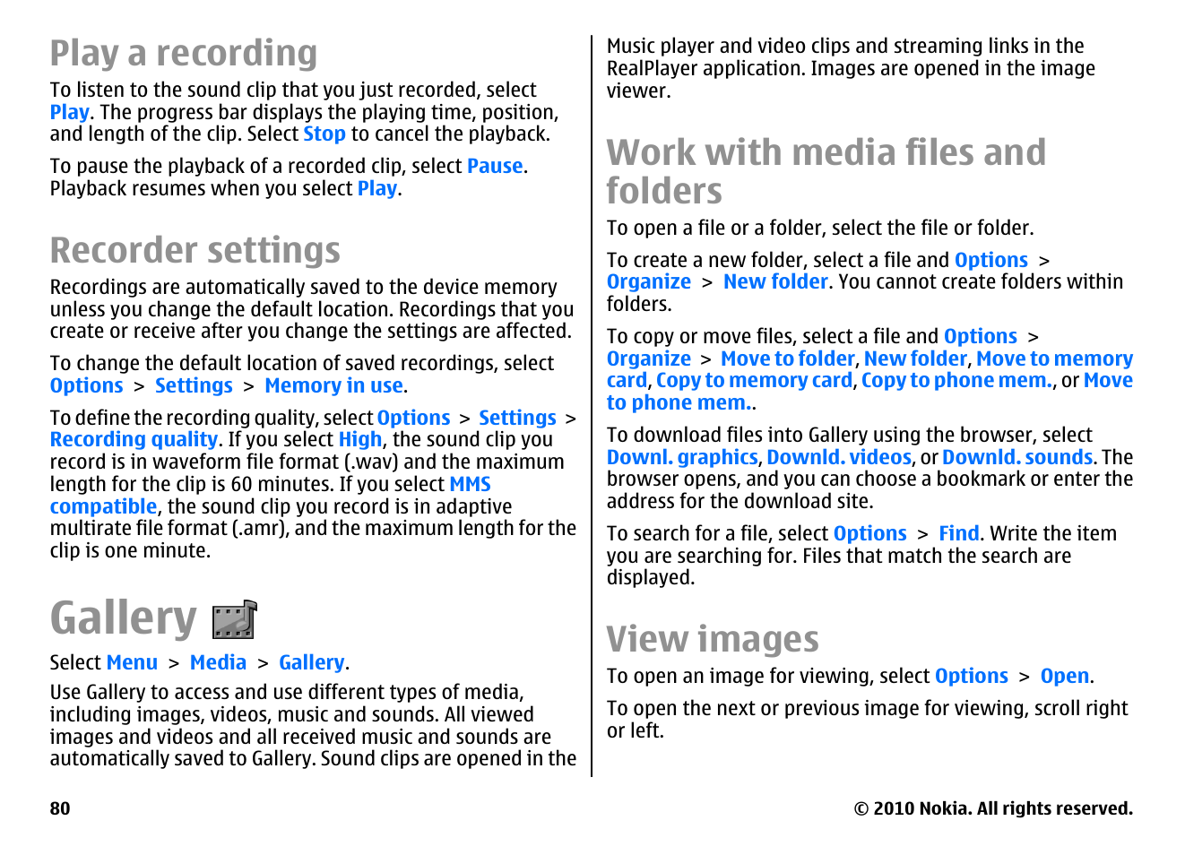 Play a recording, Recorder settings, Gallery | Work with media files and folders, View images | Nokia E63 User Manual | Page 80 / 143