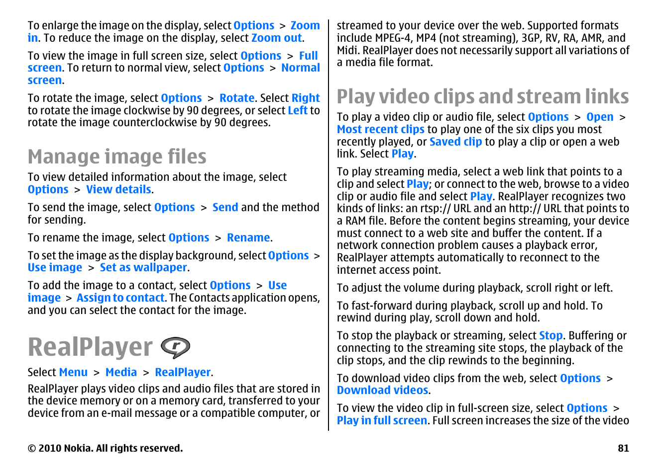 Manage image files, Realplayer, Play video clips and stream links | Nokia E63 User Manual | Page 81 / 143