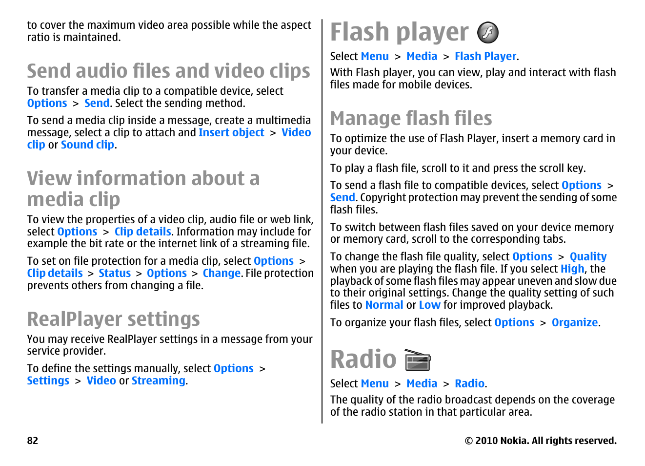 Send audio files and video clips, View information about a media clip, Realplayer settings | Flash player, Manage flash files, Radio | Nokia E63 User Manual | Page 82 / 143