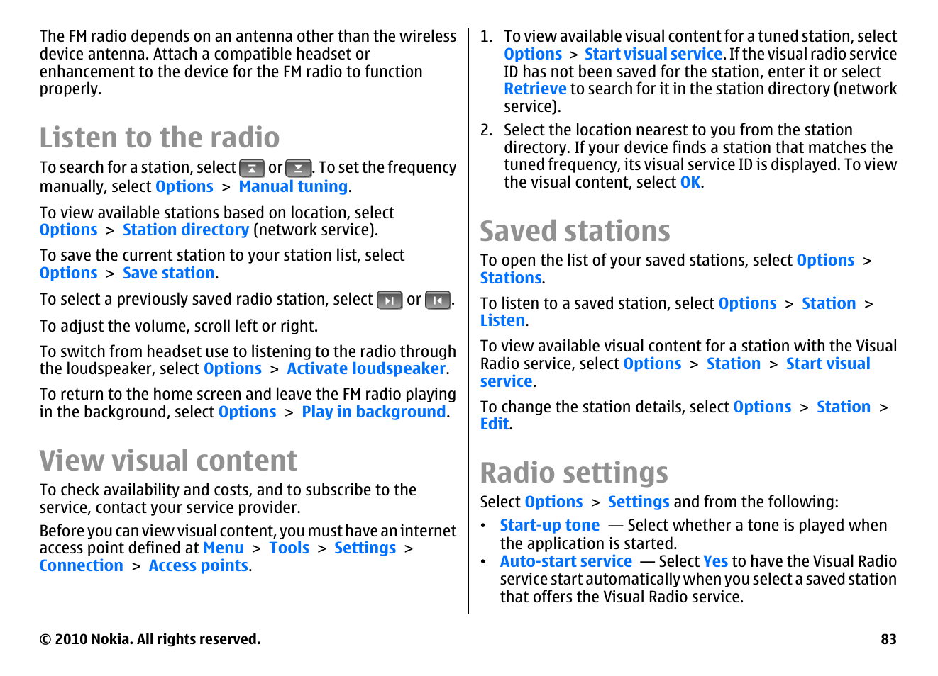 Listen to the radio, View visual content, Saved stations | Radio settings | Nokia E63 User Manual | Page 83 / 143