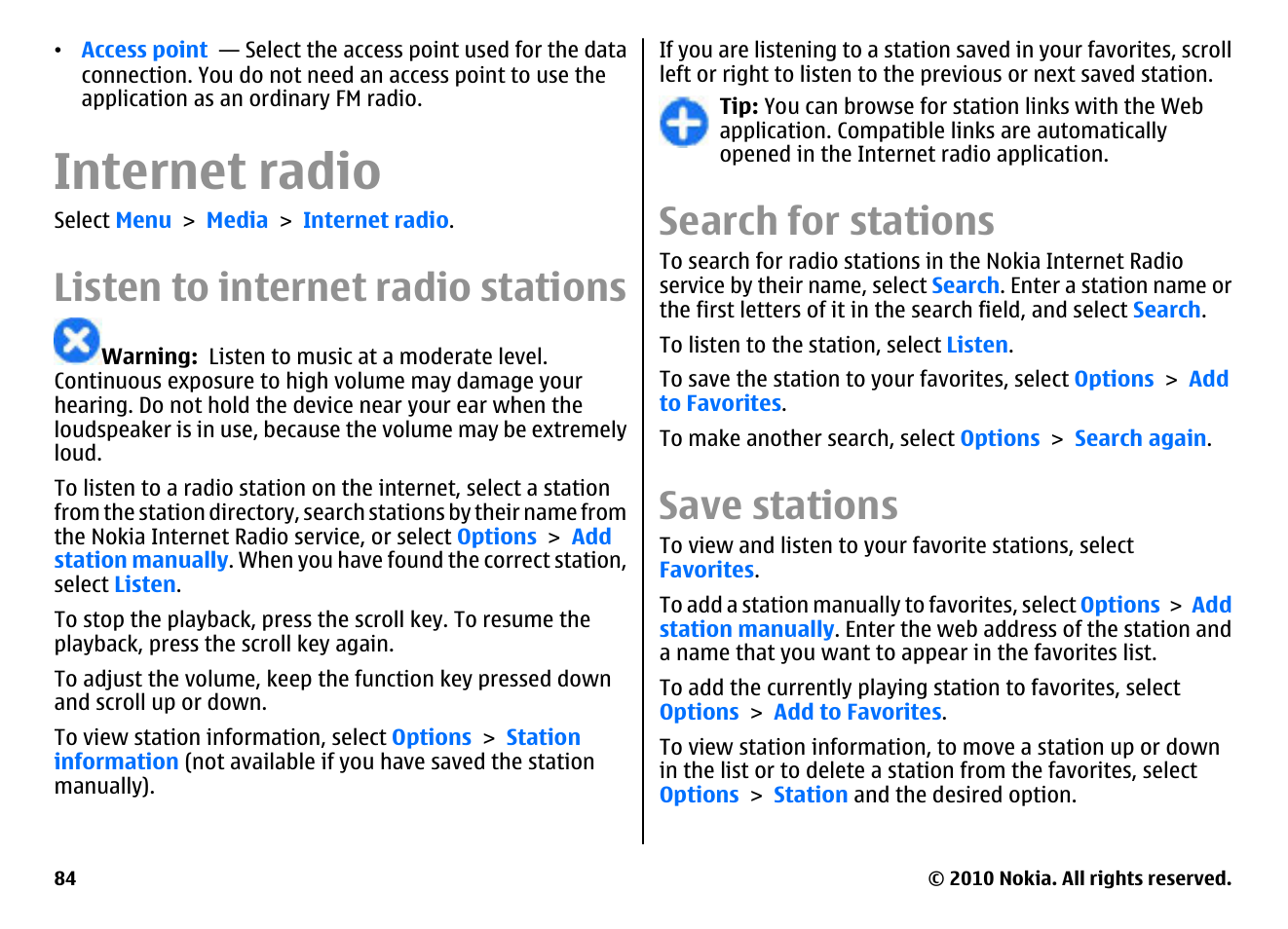 Internet radio, Listen to internet radio stations, Search for stations | Save stations | Nokia E63 User Manual | Page 84 / 143