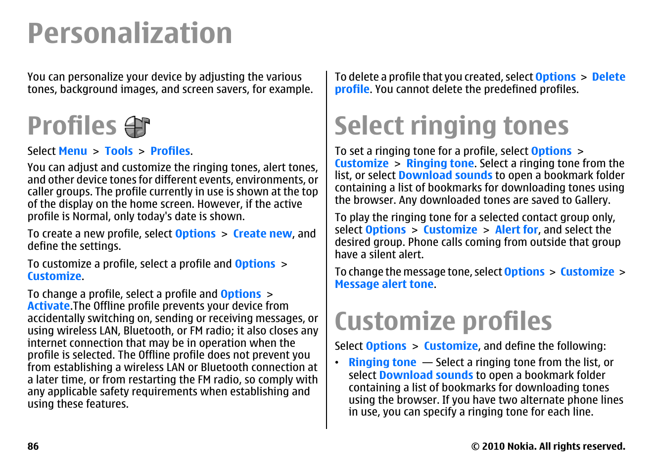 Personalization, Profiles, Select ringing tones | Customize profiles | Nokia E63 User Manual | Page 86 / 143