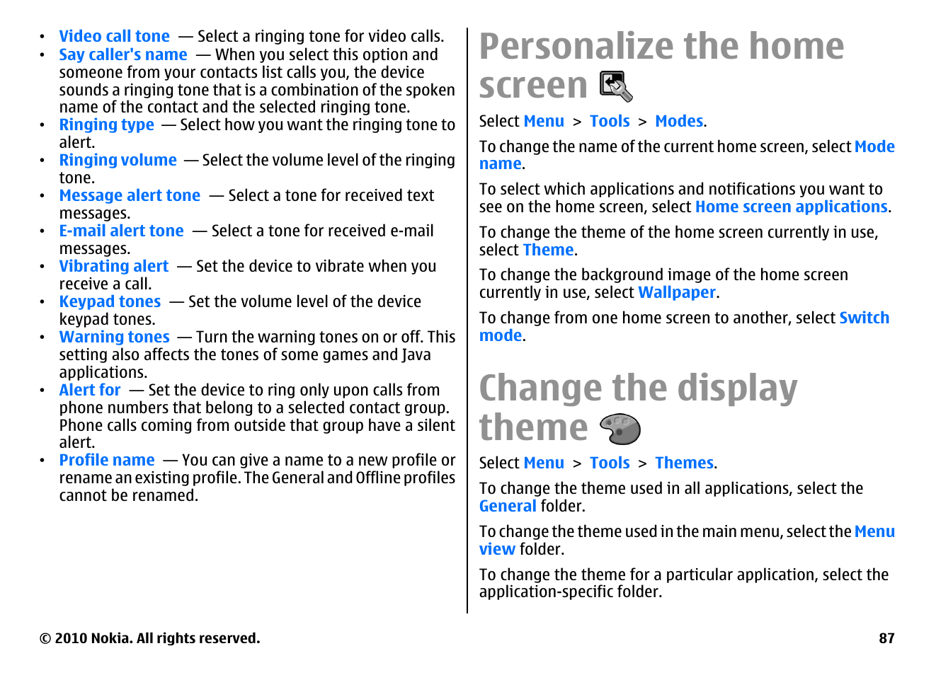 Personalize the home screen, Change the display theme | Nokia E63 User Manual | Page 87 / 143