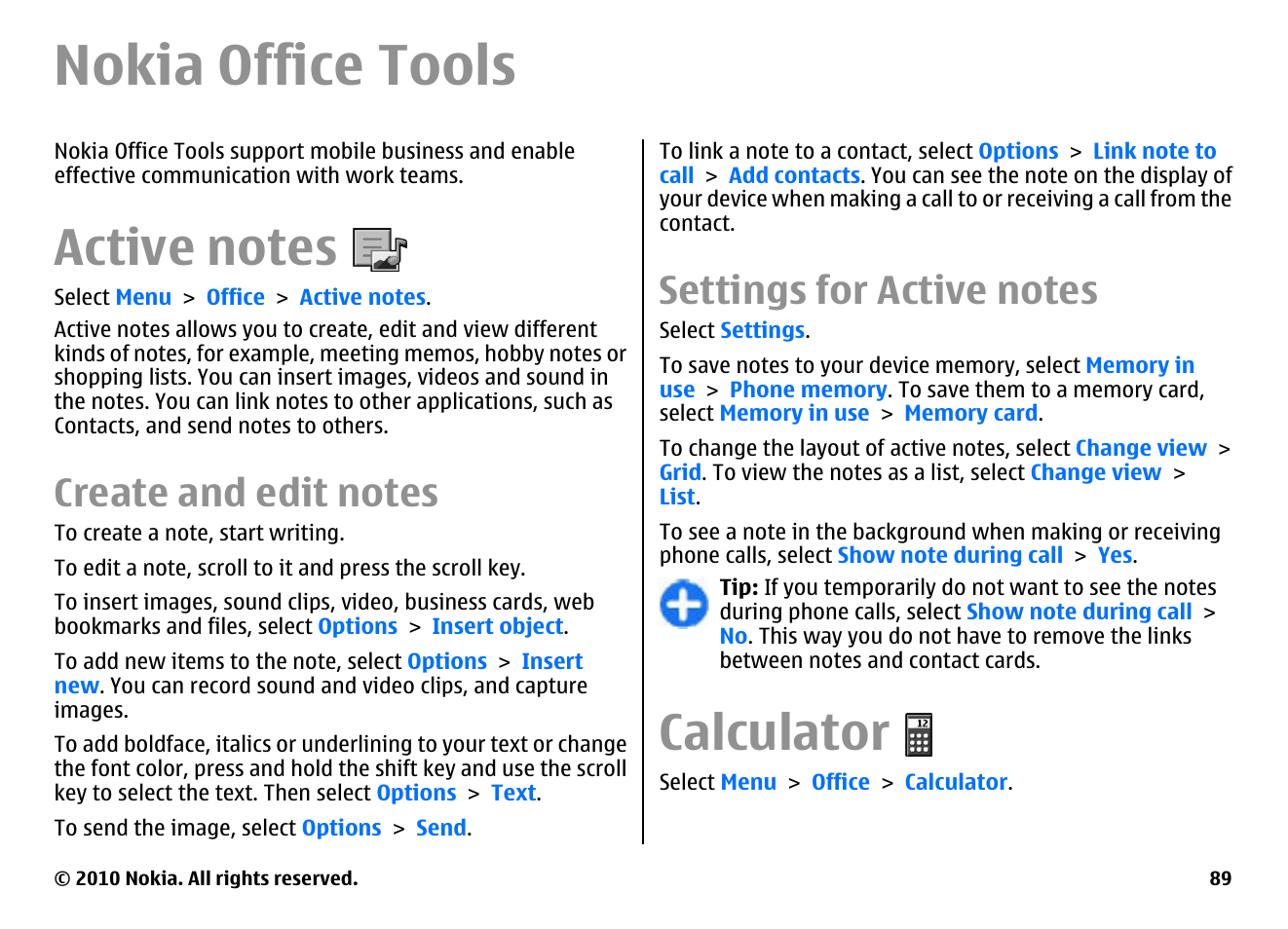 Nokia office tools, Active notes, Create and edit notes | Settings for active notes, Calculator | Nokia E63 User Manual | Page 89 / 143