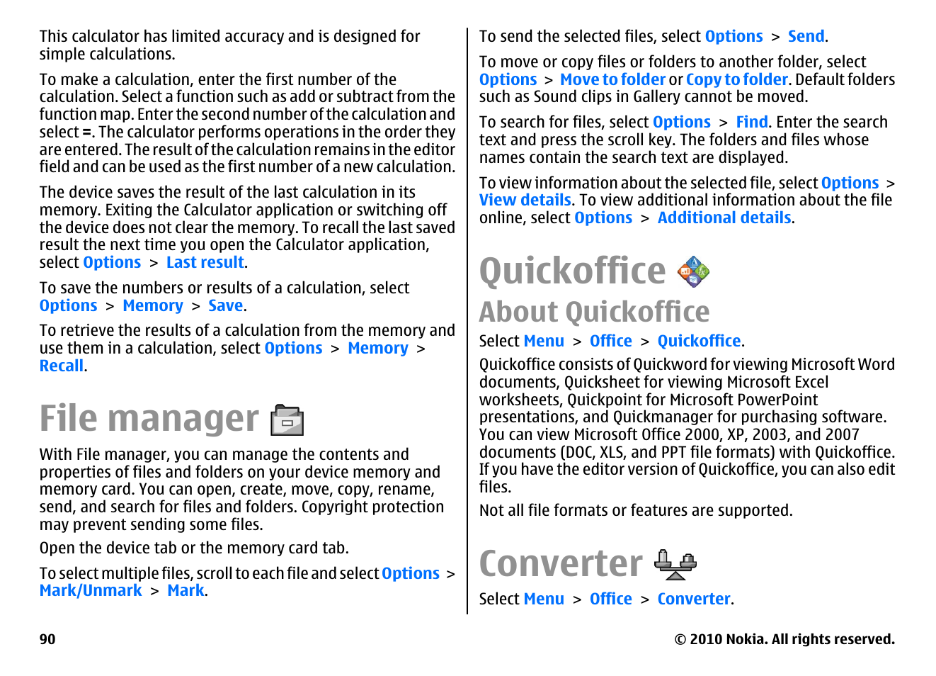 File manager, Quickoffice, About quickoffice | Converter | Nokia E63 User Manual | Page 90 / 143