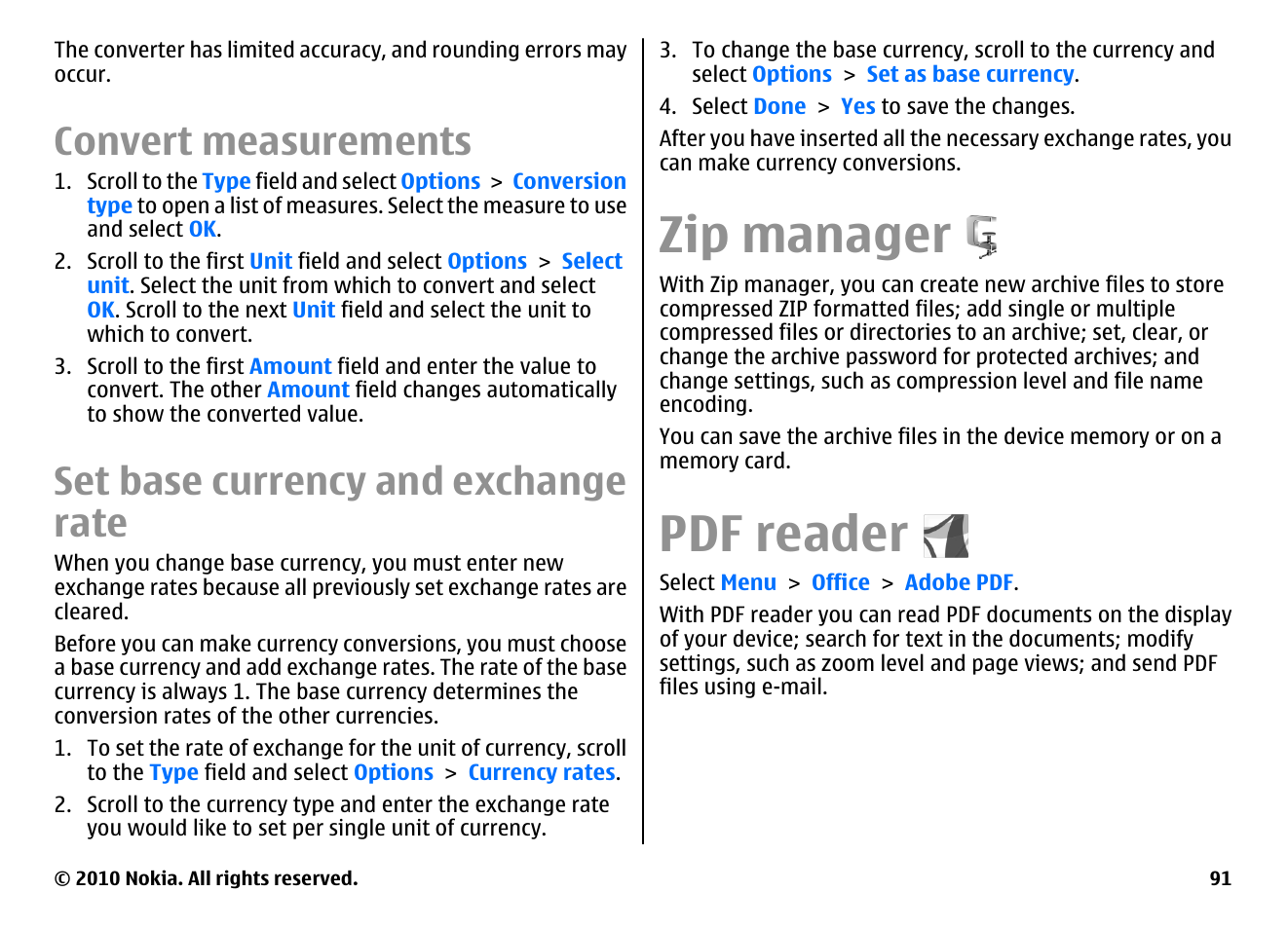 Convert measurements, Set base currency and exchange rate, Zip manager | Pdf reader | Nokia E63 User Manual | Page 91 / 143