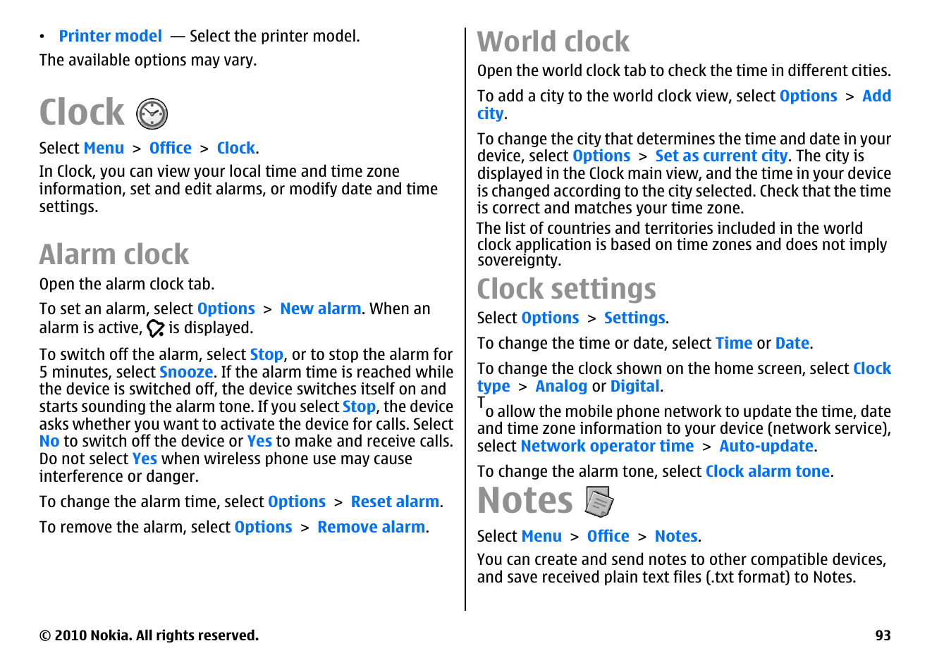 Clock, Alarm clock, World clock | Clock settings, Notes | Nokia E63 User Manual | Page 93 / 143