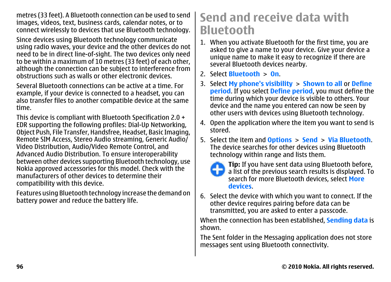 Send and receive data with bluetooth | Nokia E63 User Manual | Page 96 / 143