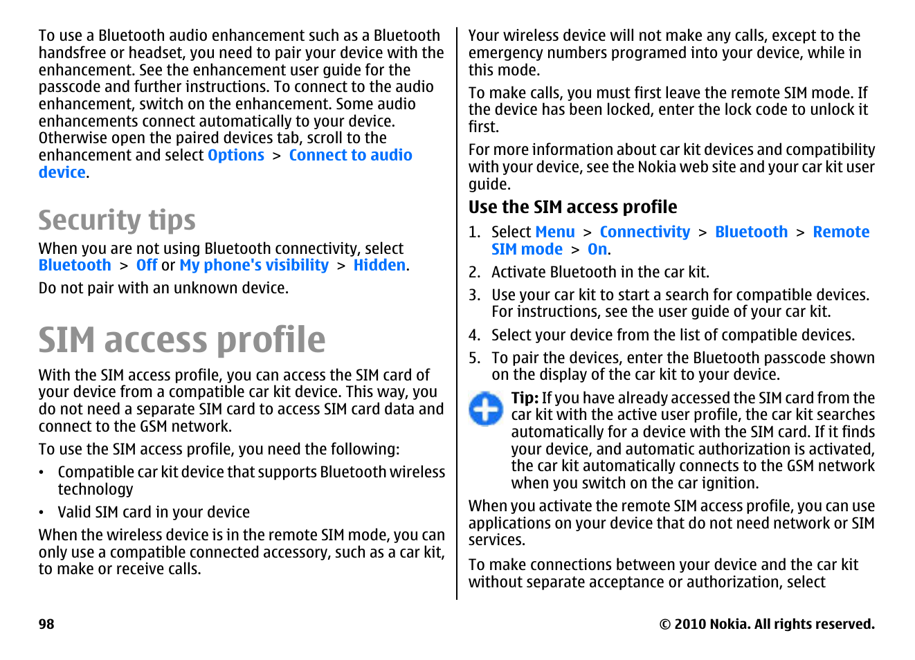 Security tips, Sim access profile | Nokia E63 User Manual | Page 98 / 143