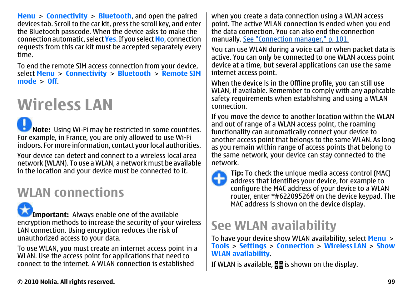 Wireless lan, Wlan connections, See wlan availability | Nokia E63 User Manual | Page 99 / 143