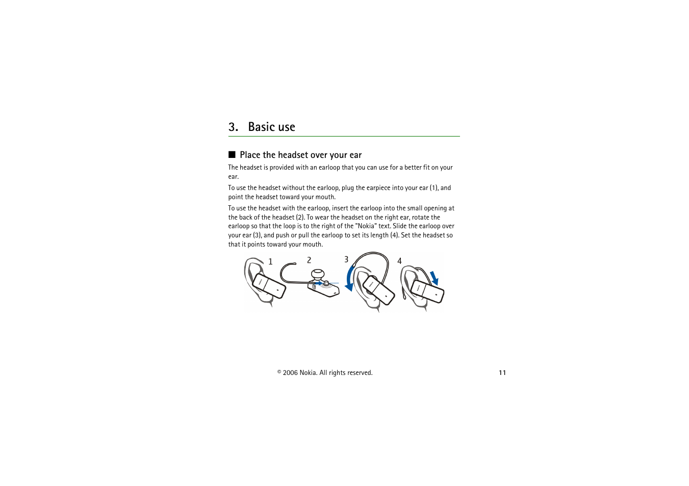 Basic use, Place the headset over your ear | Nokia Bluetooth Headset BH-700 User Manual | Page 11 / 17