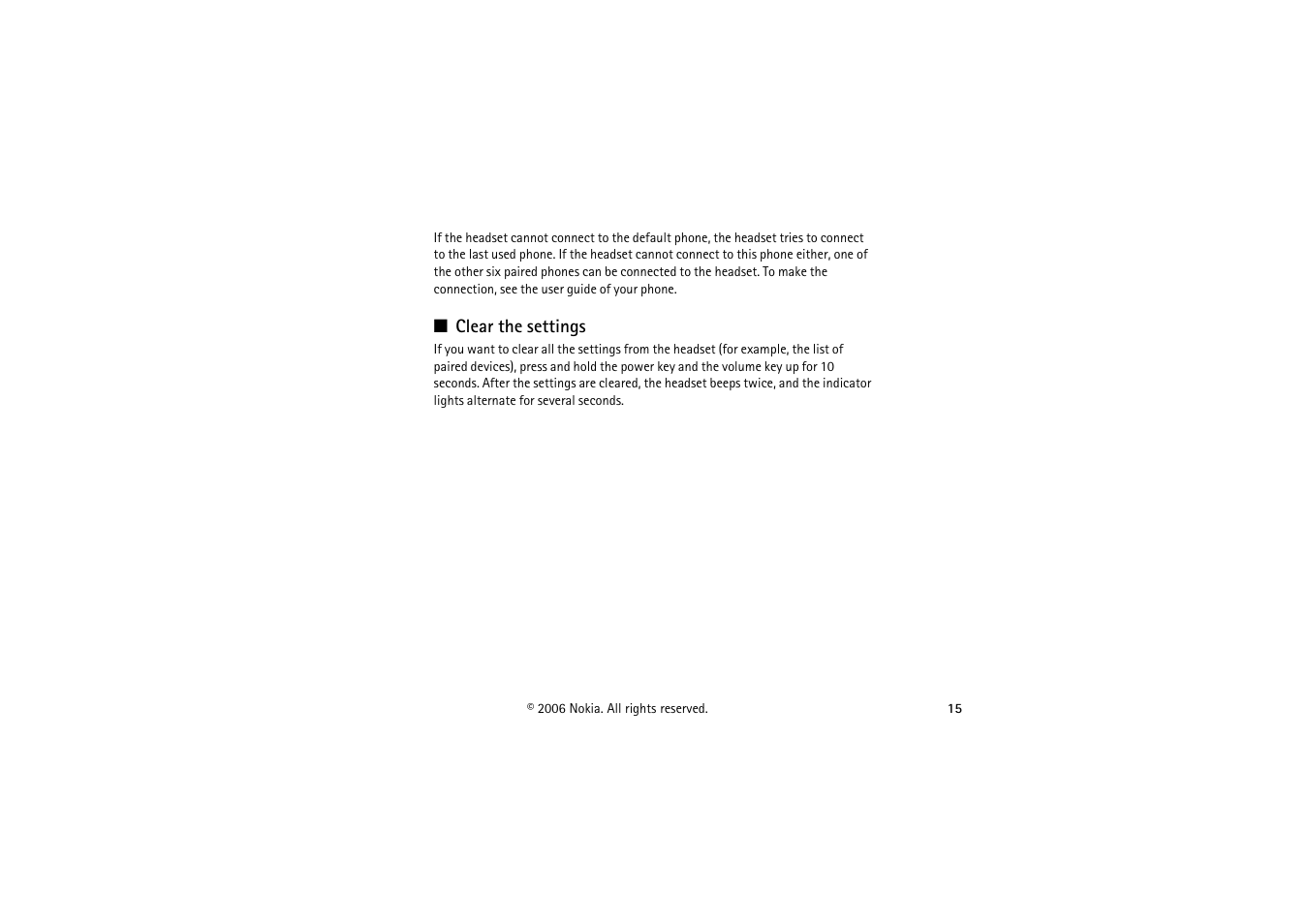 Clear the settings | Nokia Bluetooth Headset BH-700 User Manual | Page 15 / 17