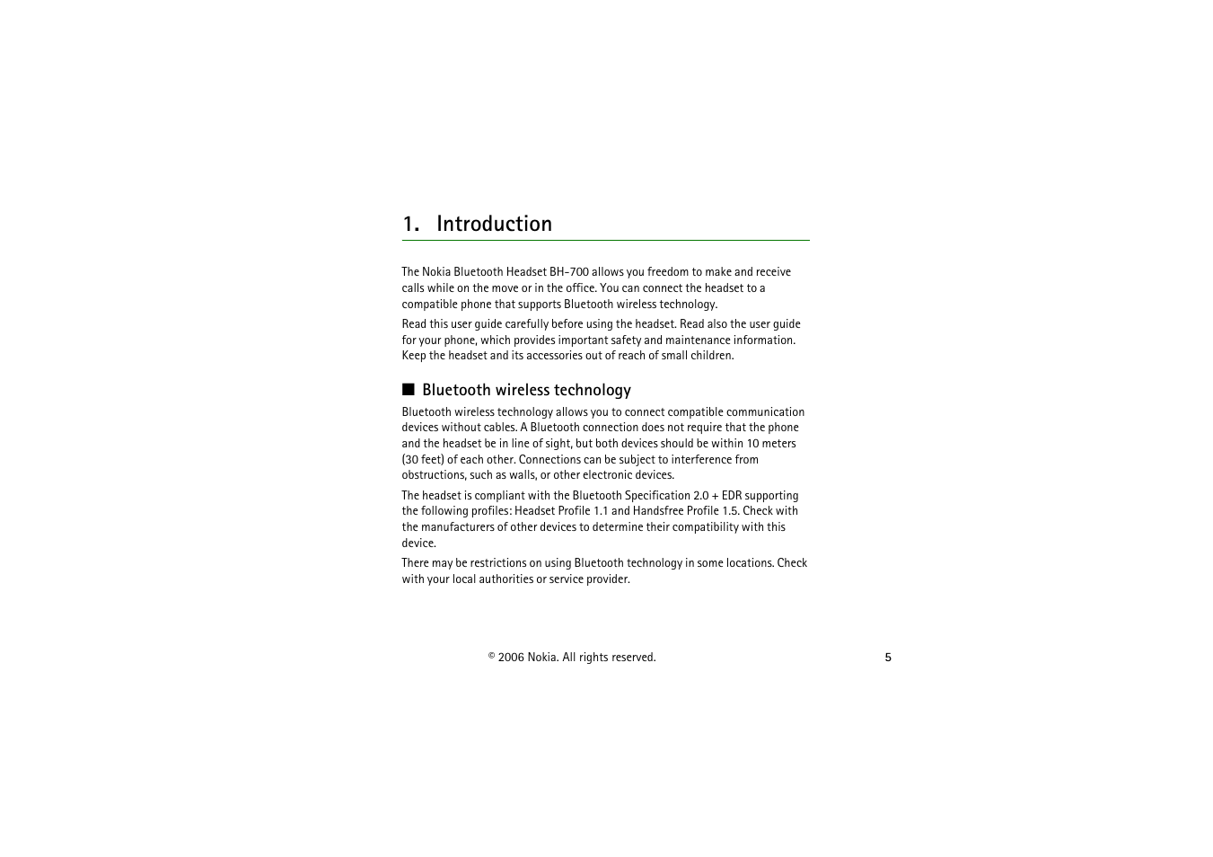 Introduction, Bluetooth wireless technology | Nokia Bluetooth Headset BH-700 User Manual | Page 5 / 17