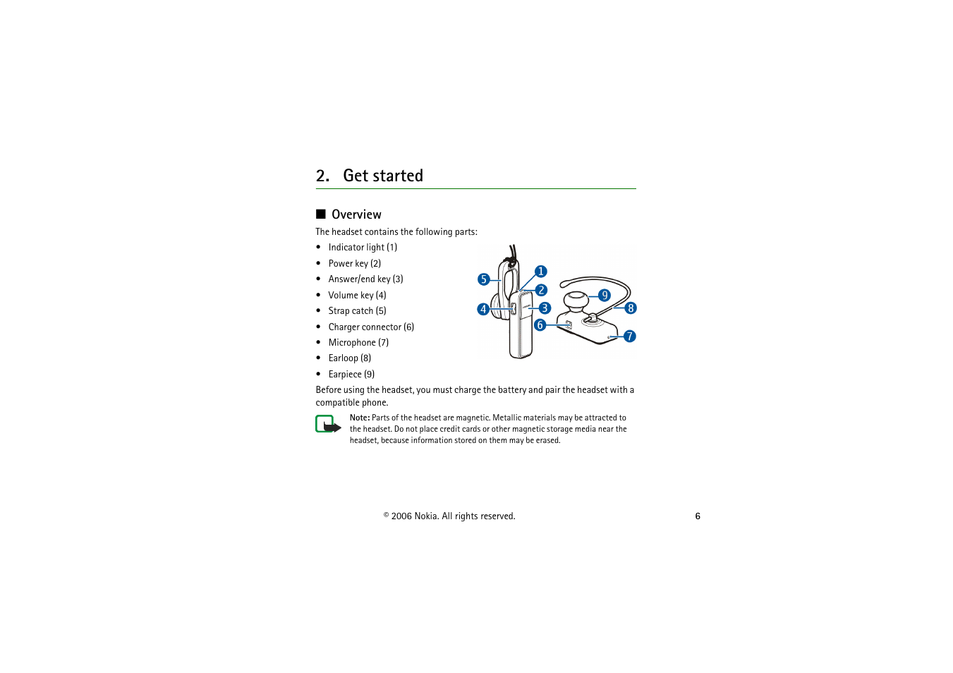 Get started, Overview | Nokia Bluetooth Headset BH-700 User Manual | Page 6 / 17