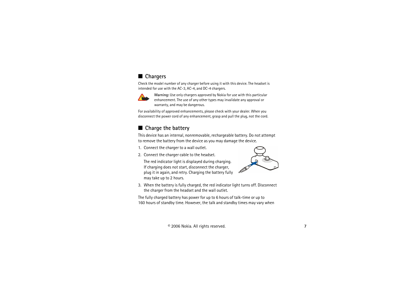 Chargers, Charge the battery | Nokia Bluetooth Headset BH-700 User Manual | Page 7 / 17