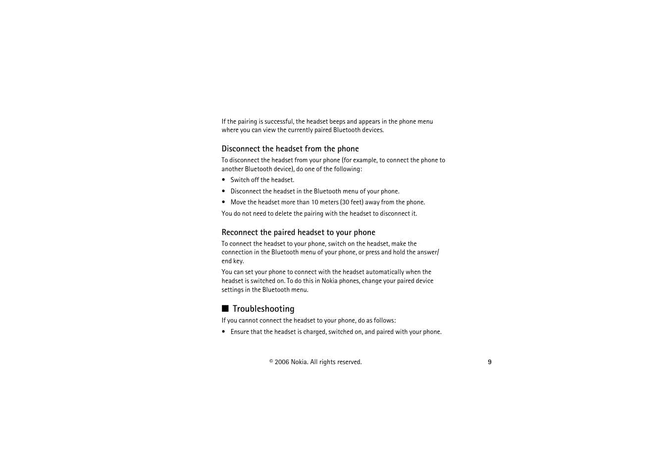 Disconnect the headset from the phone, Reconnect the paired headset to your phone, Troubleshooting | Nokia Bluetooth Headset BH-700 User Manual | Page 9 / 17