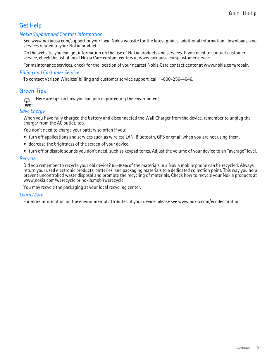 Title - get help, Title - nokia support and contact information, Title - billing and customer service | Title - green tips, Title - save energy, Title - recycle, Title - learn more, Get help green tips, Get help, Green tips | Nokia 2705 classic User Manual | Page 10 / 108