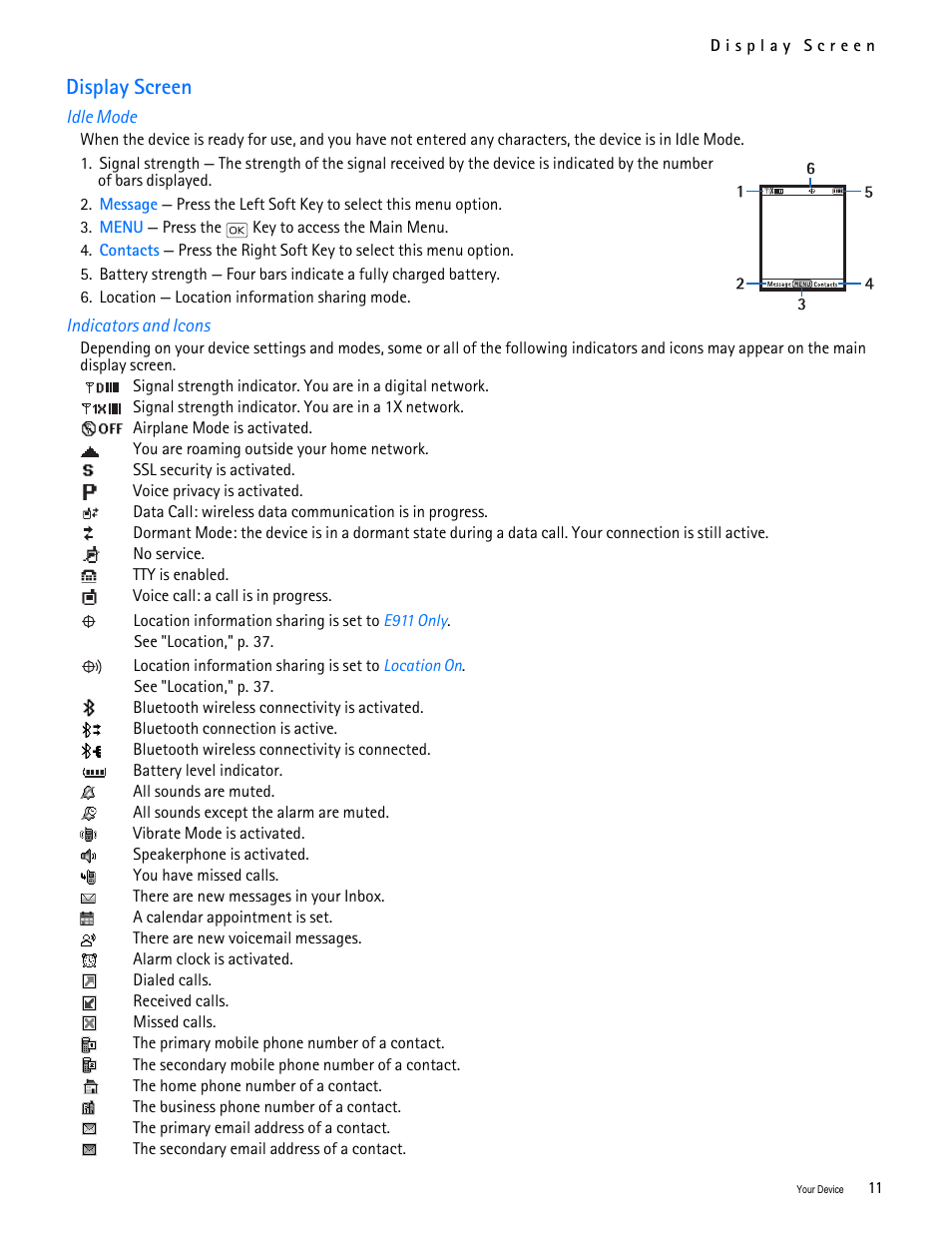 Title - display screen, Title - idle mode, Title - indicators and icons | Display screen | Nokia 2705 classic User Manual | Page 12 / 108