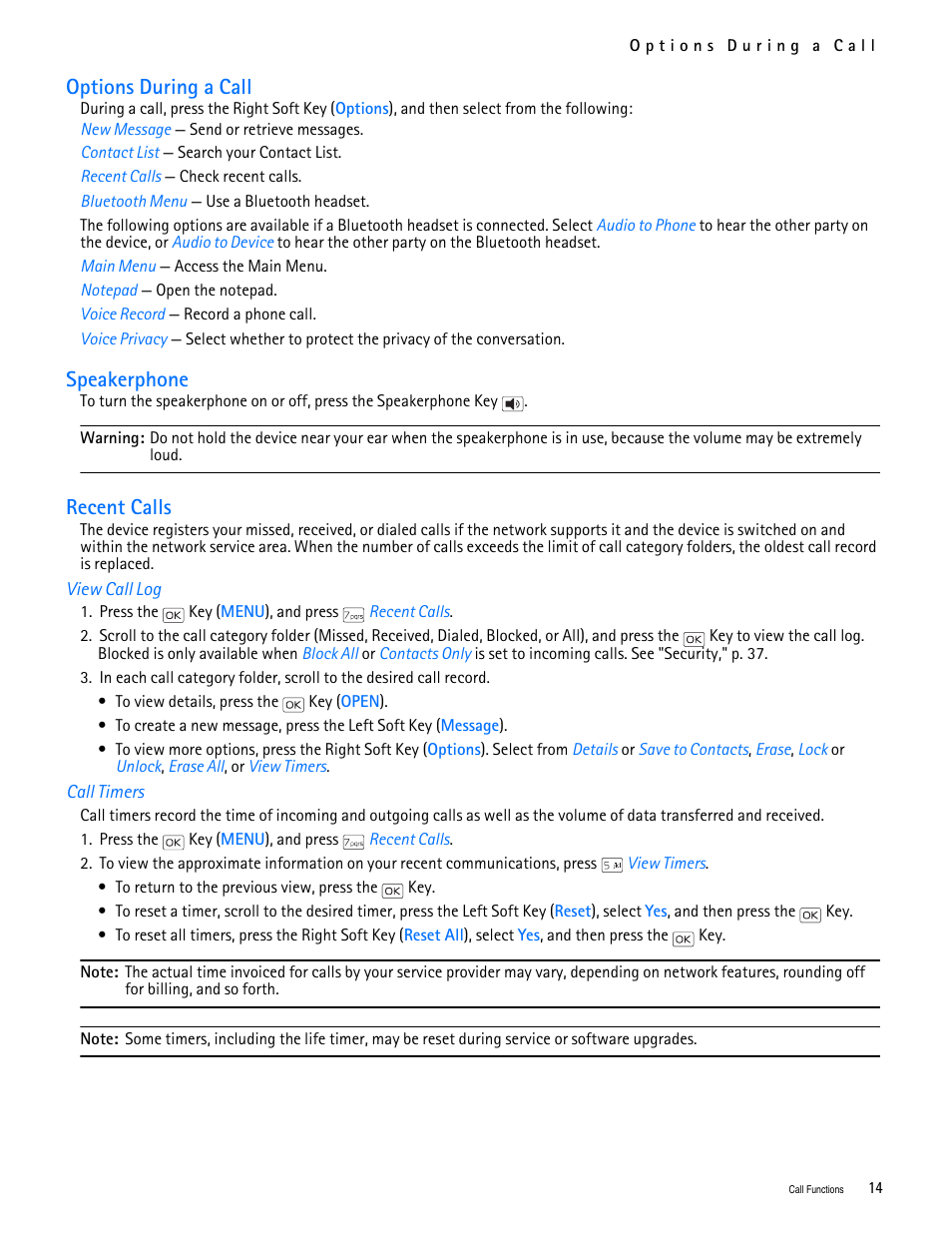 Title - options during a call, Title - speakerphone, Title - recent calls | Title - view call log, Title - call timers, Options during a call speakerphone recent calls, Options during a call, Speakerphone, Recent calls | Nokia 2705 classic User Manual | Page 15 / 108