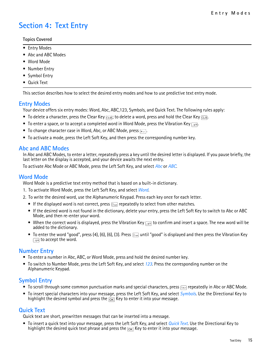 Title - section 4: text entry, Title - entry modes, Title - abc and abc modes | Title - word mode, Title - number entry, Title - symbol entry, Title - quick text, Section 4: text entry, Entry modes, Abc and abc modes | Nokia 2705 classic User Manual | Page 16 / 108