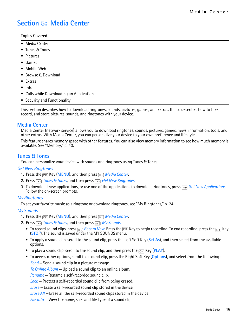 Title - section 5: media center, Title - media center, Title - tunes & tones | Title - get new ringtones, Title - my ringtones, Title - my sounds, Section 5: media center, Media center tunes & tones, Media center, Tunes & tones | Nokia 2705 classic User Manual | Page 17 / 108