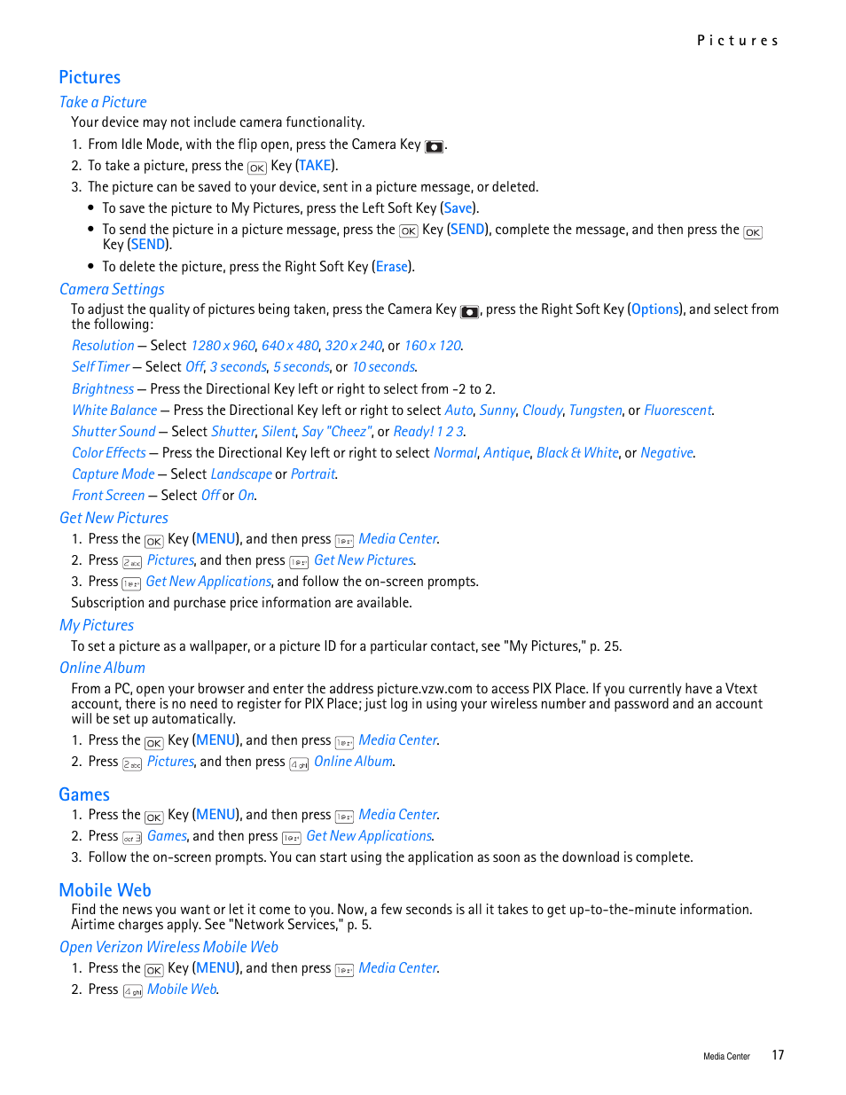Title - pictures, Title - take a picture, Title - camera settings | Title - get new pictures, Title - my pictures, Title - online album, Title - games, Title - mobile web, Title - open verizon wireless mobile web, Pictures games mobile web | Nokia 2705 classic User Manual | Page 18 / 108