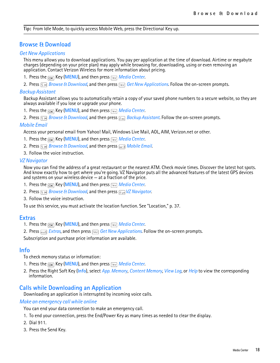 Title - browse & download, Title - get new applications, Title - backup assistant | Title - mobile email, Title - vz navigator, Title - extras, Title - info, Title - calls while downloading an application, Title - make an emergency call while online, Browse & download | Nokia 2705 classic User Manual | Page 19 / 108