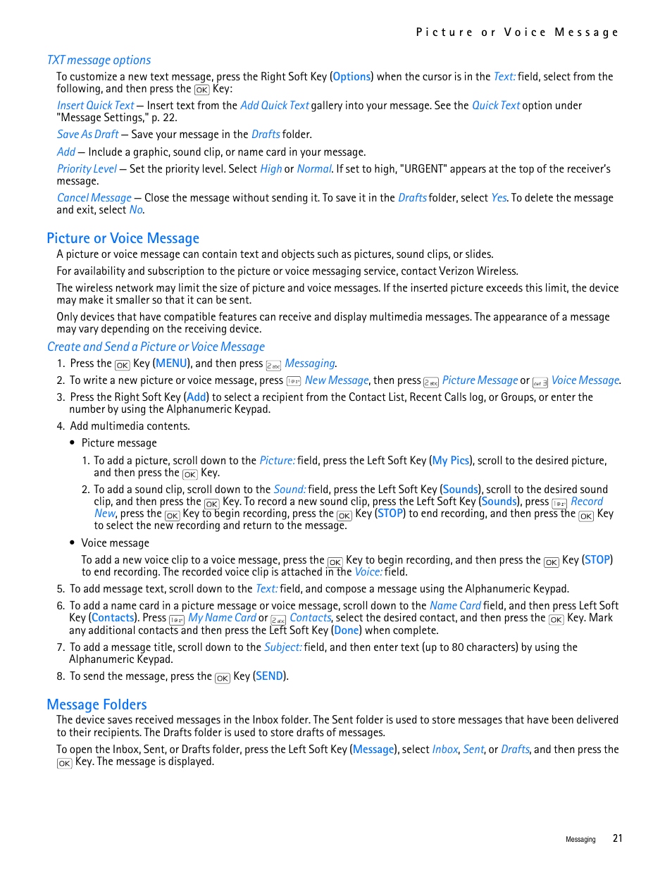 Title - txt message options, Title - picture or voice message, Title - create and send a picture or voice message | Title - message folders, Picture or voice message message folders, Picture or voice message, Message folders | Nokia 2705 classic User Manual | Page 22 / 108
