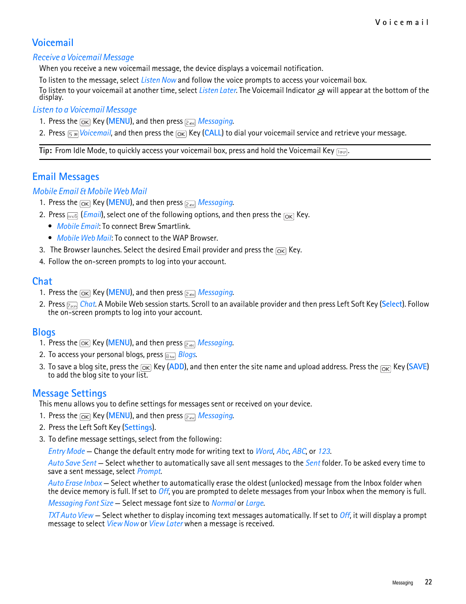 Title - voicemail, Title - receive a voicemail message, Title - listen to a voicemail message | Title - email messages, Title - mobile email & mobile web mail, Title - chat, Title - blogs, Title - message settings, Voicemail email messages chat blogs, Message settings | Nokia 2705 classic User Manual | Page 23 / 108