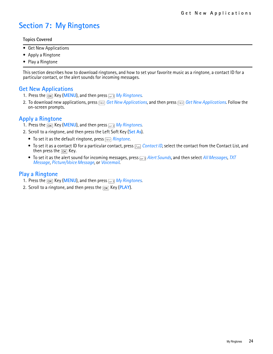Title - section 7: my ringtones, Title - get new applications, Title - apply a ringtone | Title - play a ringtone, Section 7: my ringtones, Get new applications, Apply a ringtone, Play a ringtone | Nokia 2705 classic User Manual | Page 25 / 108