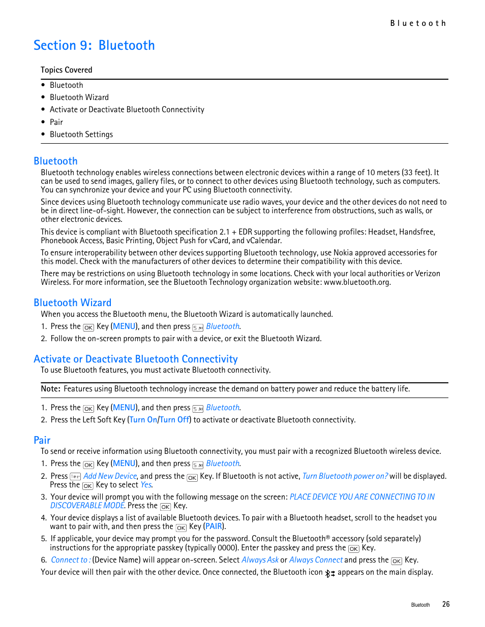 Title - section 9: bluetooth, Title - bluetooth, Title - bluetooth wizard | Title - pair, Section 9: bluetooth, Bluetooth, Bluetooth wizard, Activate or deactivate bluetooth connectivity, Pair | Nokia 2705 classic User Manual | Page 27 / 108