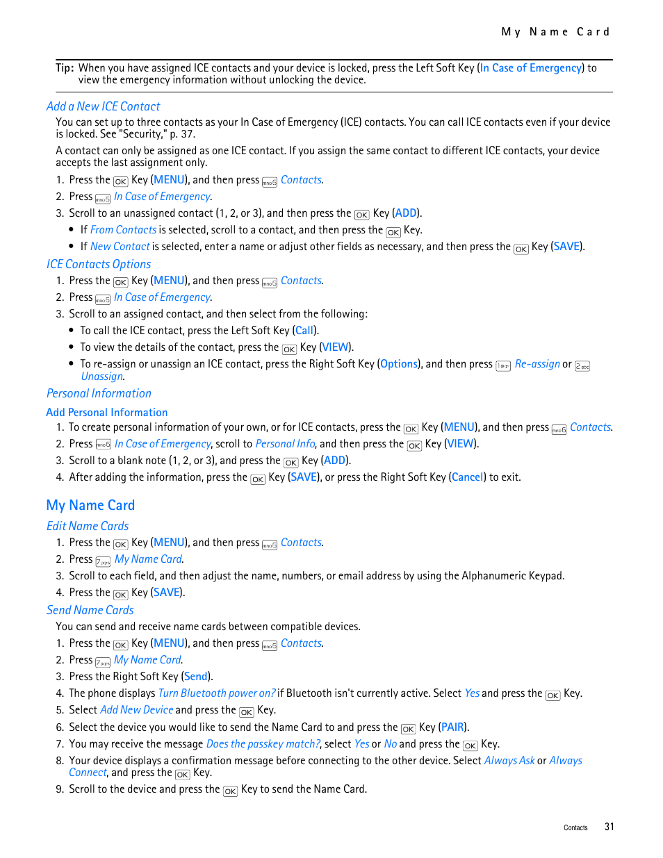 Title - add a new ice contact, Title - ice contacts options, Title - personal information | Title - my name card, Title - edit name cards, Title - send name cards, My name card | Nokia 2705 classic User Manual | Page 32 / 108