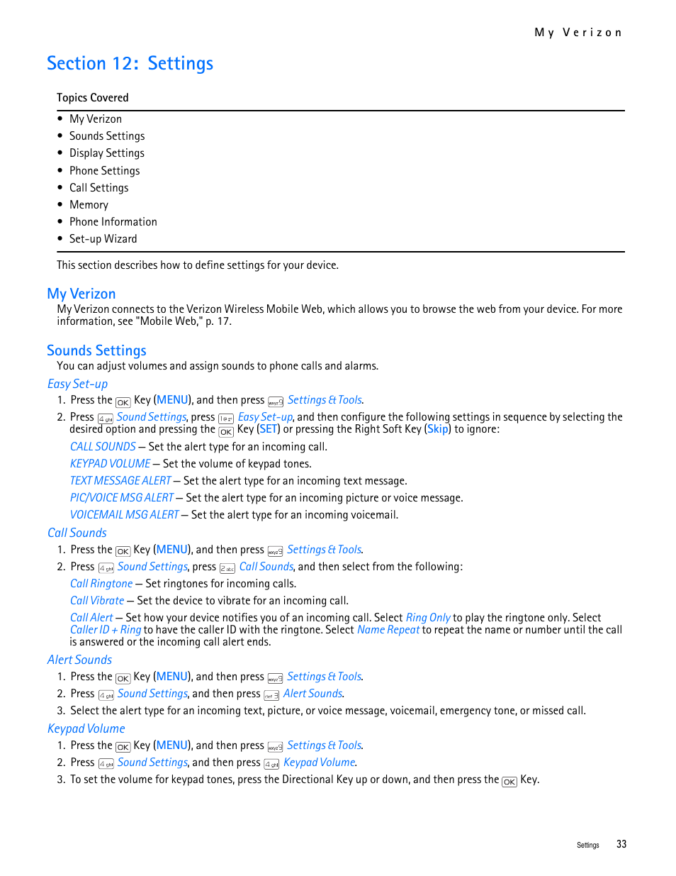 Title - section 12: settings, Title - my verizon, Title - sounds settings | Title - easy set-up, Title - call sounds, Title - alert sounds, Title - keypad volume, Section 12: settings, My verizon sounds settings, My verizon | Nokia 2705 classic User Manual | Page 34 / 108