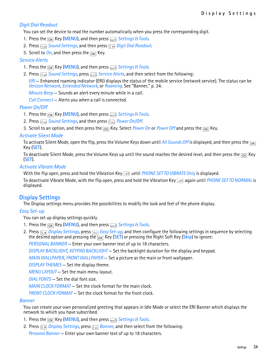Title - digit dial readout, Title - service alerts, Title - power on/off | Title - activate silent mode, Title - activate vibrate mode, Title - display settings, Title - easy set-up, Title - banner, Display settings | Nokia 2705 classic User Manual | Page 35 / 108