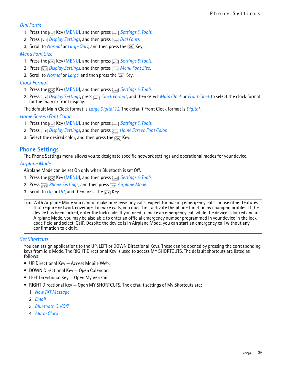 Title - dial fonts, Title - menu font size, Title - clock format | Title - home screen font color, Title - phone settings, Title - airplane mode, Title - set shortcuts, Phone settings | Nokia 2705 classic User Manual | Page 37 / 108