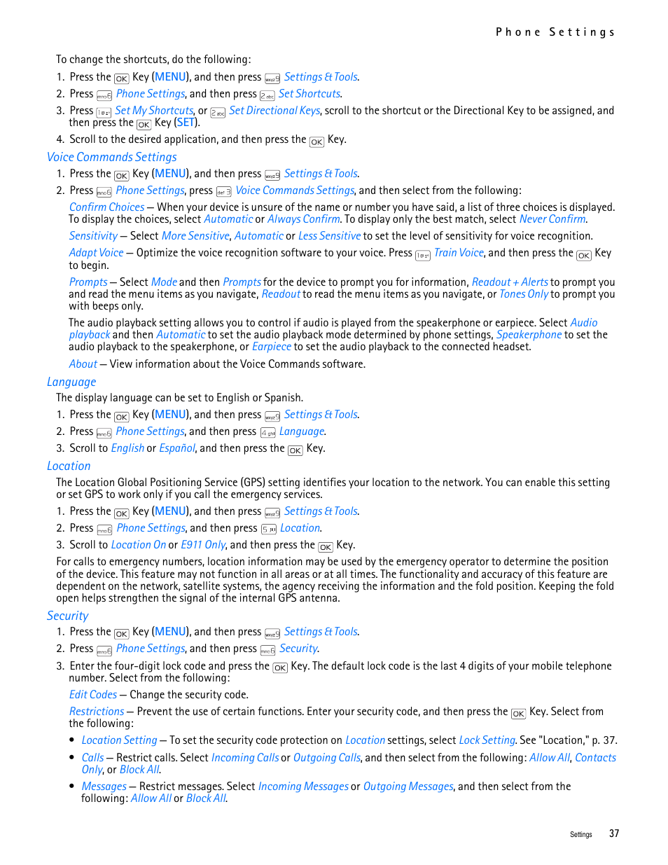 Title - voice commands settings, Title - language, Title - location | Title - security | Nokia 2705 classic User Manual | Page 38 / 108
