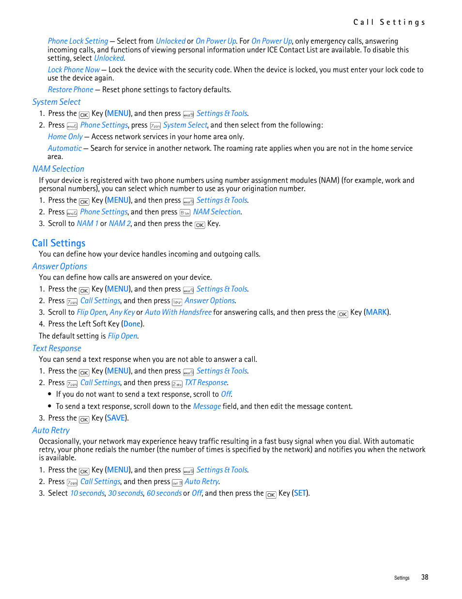 Title - system select, Title - nam selection, Title - call settings | Title - answer options, Title - text response, Title - auto retry, Call settings | Nokia 2705 classic User Manual | Page 39 / 108
