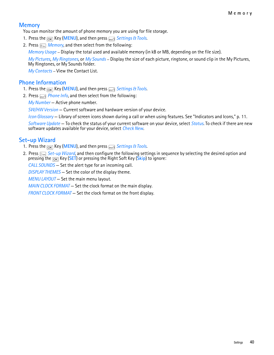Title - memory, Title - phone information, Title - set-up wizard | Memory phone information set-up wizard, Phone information, Set-up wizard | Nokia 2705 classic User Manual | Page 41 / 108