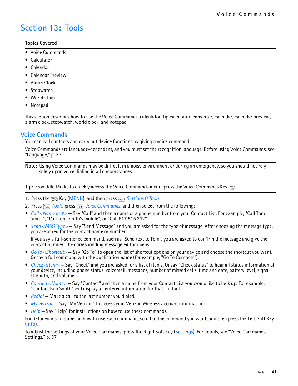 Title - section 13: tools, Title - voice commands, Section 13: tools | Voice commands | Nokia 2705 classic User Manual | Page 42 / 108