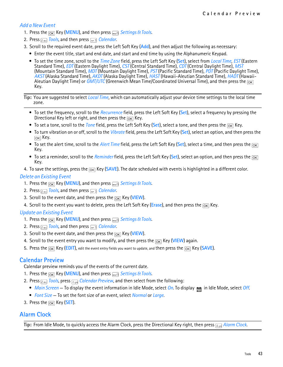 Title - add a new event, Title - delete an existing event, Title - update an existing event | Title - calendar preview, Title - alarm clock, Calendar preview alarm clock, Calendar preview, Alarm clock | Nokia 2705 classic User Manual | Page 44 / 108