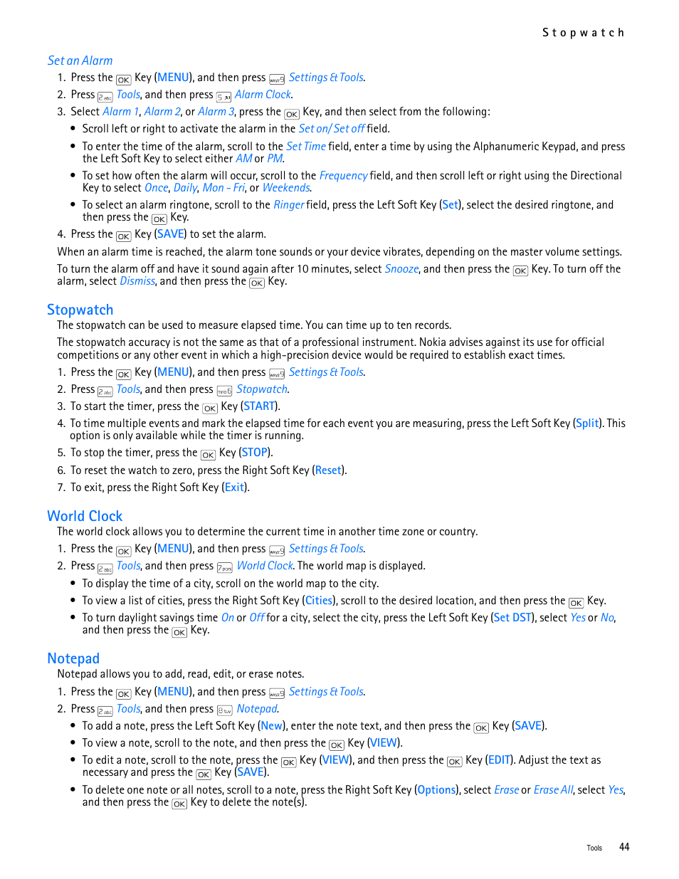 Title - set an alarm, Title - stopwatch, Title - world clock | Title - notepad, Stopwatch world clock notepad, Stopwatch, World clock | Nokia 2705 classic User Manual | Page 45 / 108